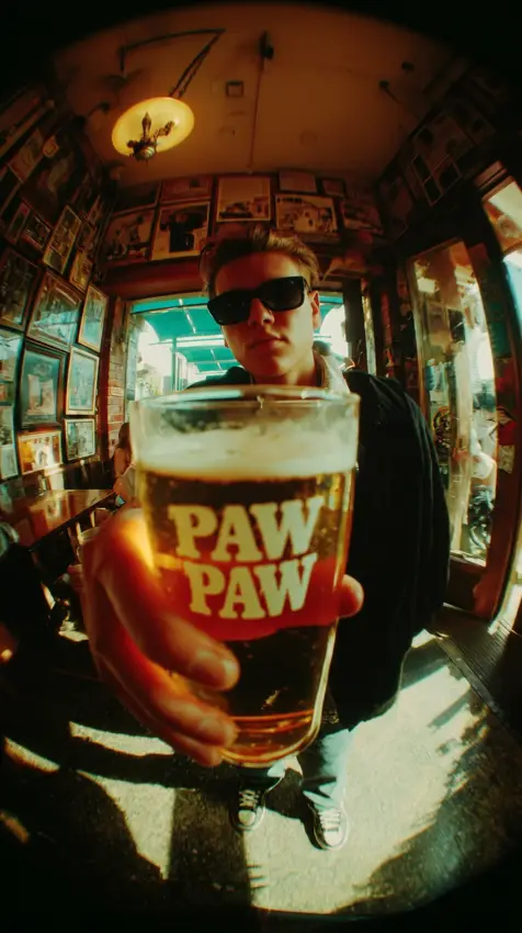 A guest holding a beer glass with PAW PAW lettering
